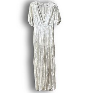 Honey Punch White Lace Romper with Plunging Neckline